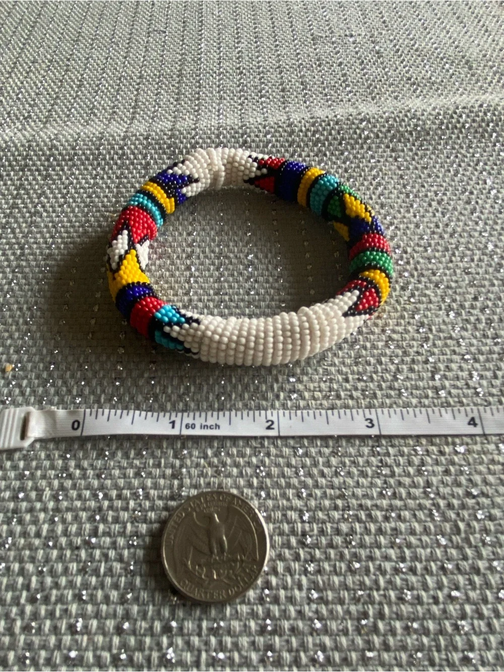 Handmade Beaded Bangle Bracelet - White with Multicolor Pattern